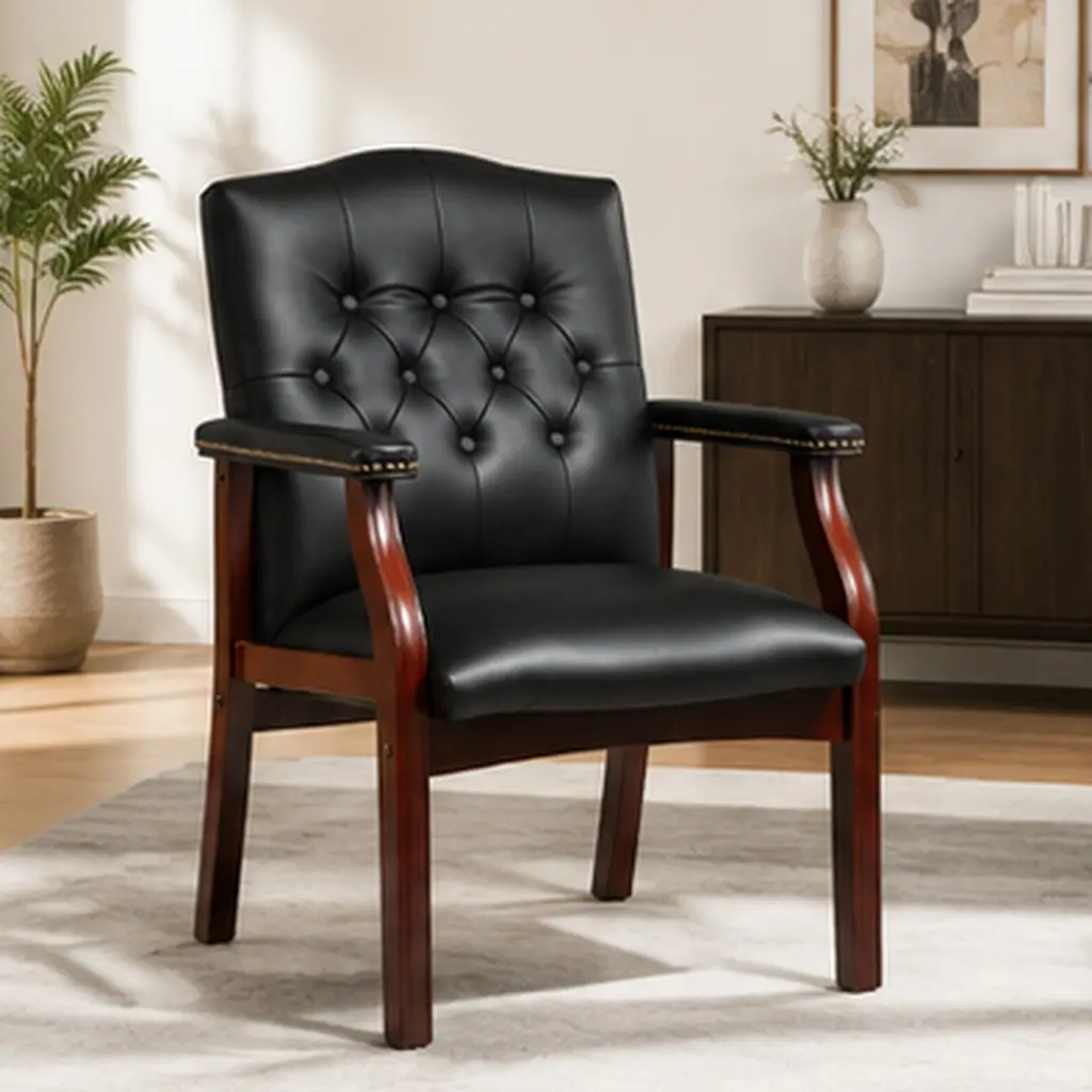 Leather Reception Guest Chair with Padded Seat and Arms Ergonomic Mid-Back Office Executive Side Chair for Meeting Waiting Room Conference Room Black 275lbs Capacity, Black Color Options, Leather Material, Product Dimensions: 24.20 W x 26.30 D