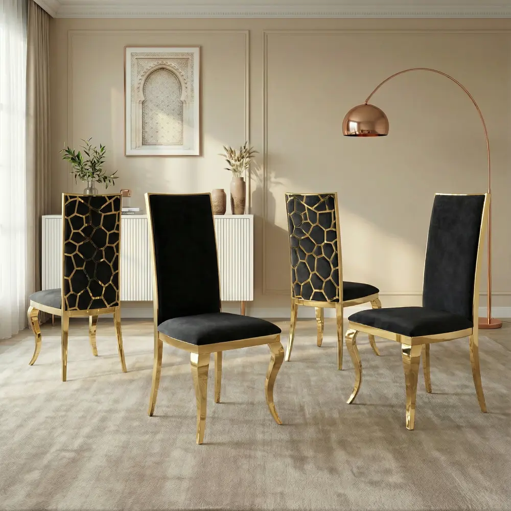 Anti-Rust Durable Dining Chairs Set of 4 - Black Velvet Cushion, Unique Design Backrest, Mirror Gold Stainless Steel Legs for Dining Room, Anti-Rust Dining Chairs