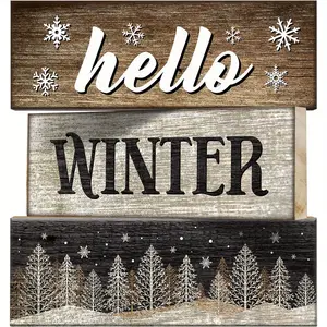 1 set of 3pcs Christmas Decor, Hello Winter Wooden Block Signs Christmas Gifts for Table Decorations, Decoration Xmas Table centerpieces for Kitchen Dinner Holiday Party Decor Gift