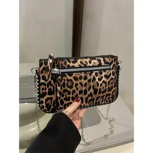Leopard Print Chain Shoulder Bag, Crossbody Chain Bag, Ultra-Thin Phone Case with Two Zipper Pockets, Multi-Layer Storage, Perfect Daily Accessory