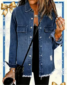 Necooer Women's Christmas 2025 NYE Y2K Distressed Denim Shirt Jacket Multi Color Dark Light Blue Soft Fabric Winter Layering TikTok Trendy Holiday Party Casual Wear Gift For Her 2025 Flattering Oversized Shacket Outfit Outfits Piece Womenswear Casual fash