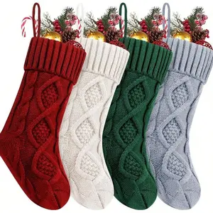 4 Pack Christmas Stockings, 18 Inch Cable Knit Socks Gift & Decorations for Home Holiday Party, Ivory Burgundy