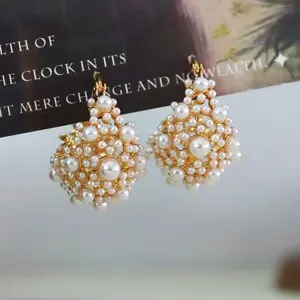 European Style Fashion Hollow Flower Basket Pearl Hoop Earrings, Elegant Niche Design Jewelry DZEH4715