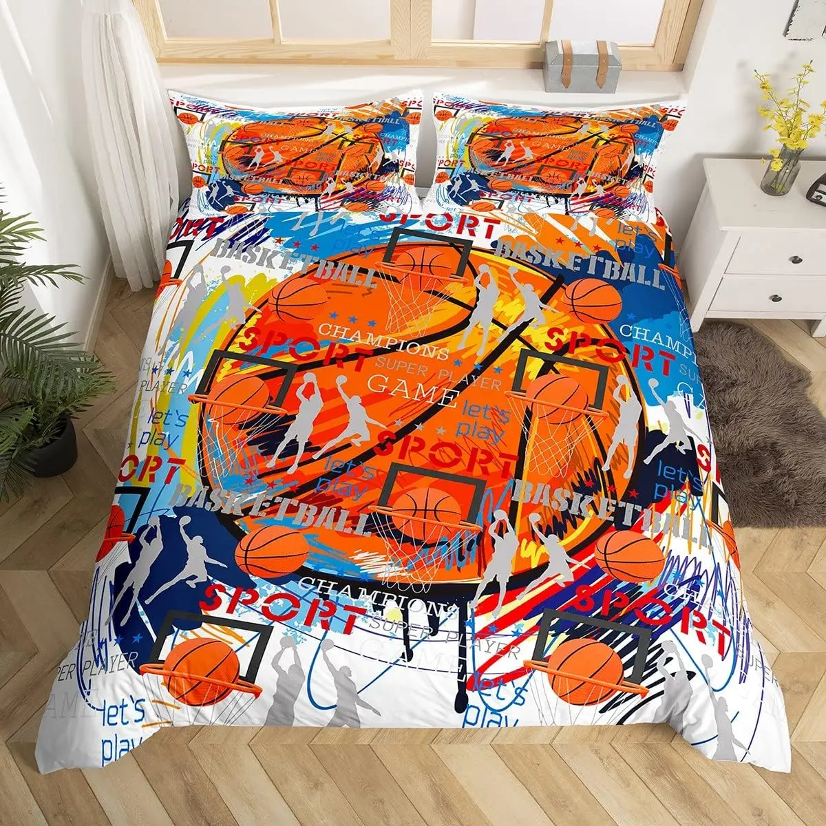 Basketball Duvet Cover Set Graffiti Cartoon Basketball Bedding Set Men Bedroom Decor Ball Sports Games Comforter Cover Modern Colorful Quilt Cover