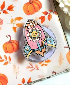 Groovy Pink Rocket Phone Grip - Retro $70s$ Aesthetic Pop Socket - Hippie Daisy Flower Expanding Holder - Cute Smiley Face Accessory for iPhone/Samsung - Unique Gift for Her