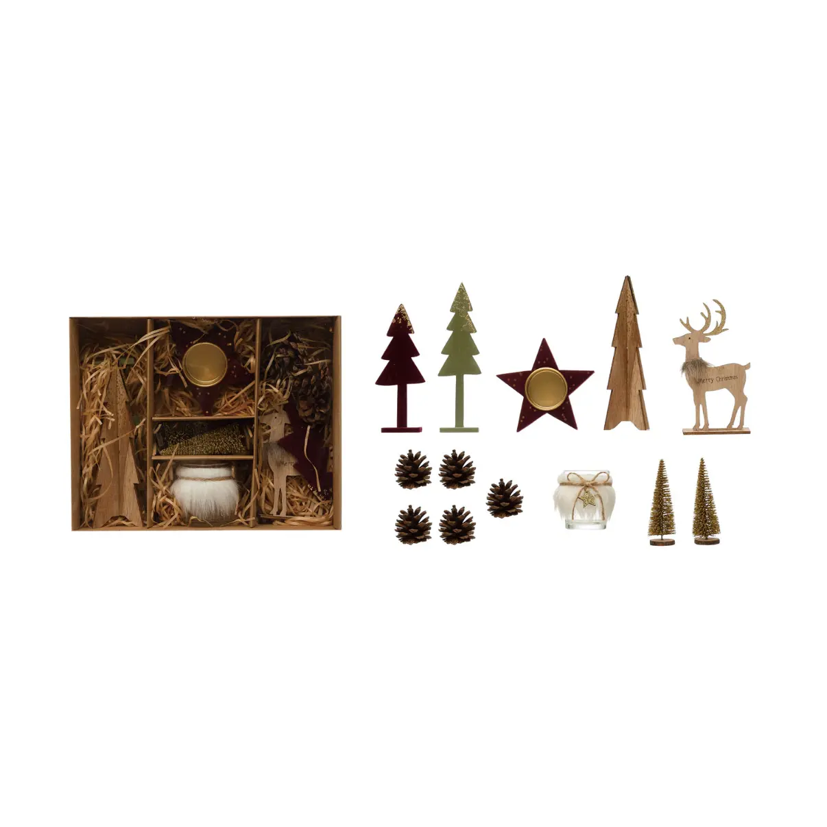 Garden Kit w/Bottle Brush Trees, Tealights, Pinecones & Wood Figures-S/13