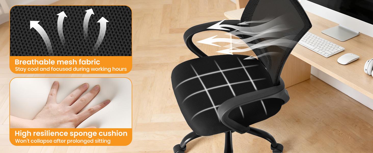 Ergonomic Office Chair with Rocking Mode, Lumbar Support, Height Adjustable, Mesh Back, Quiet Casters for Home Office & Gaming