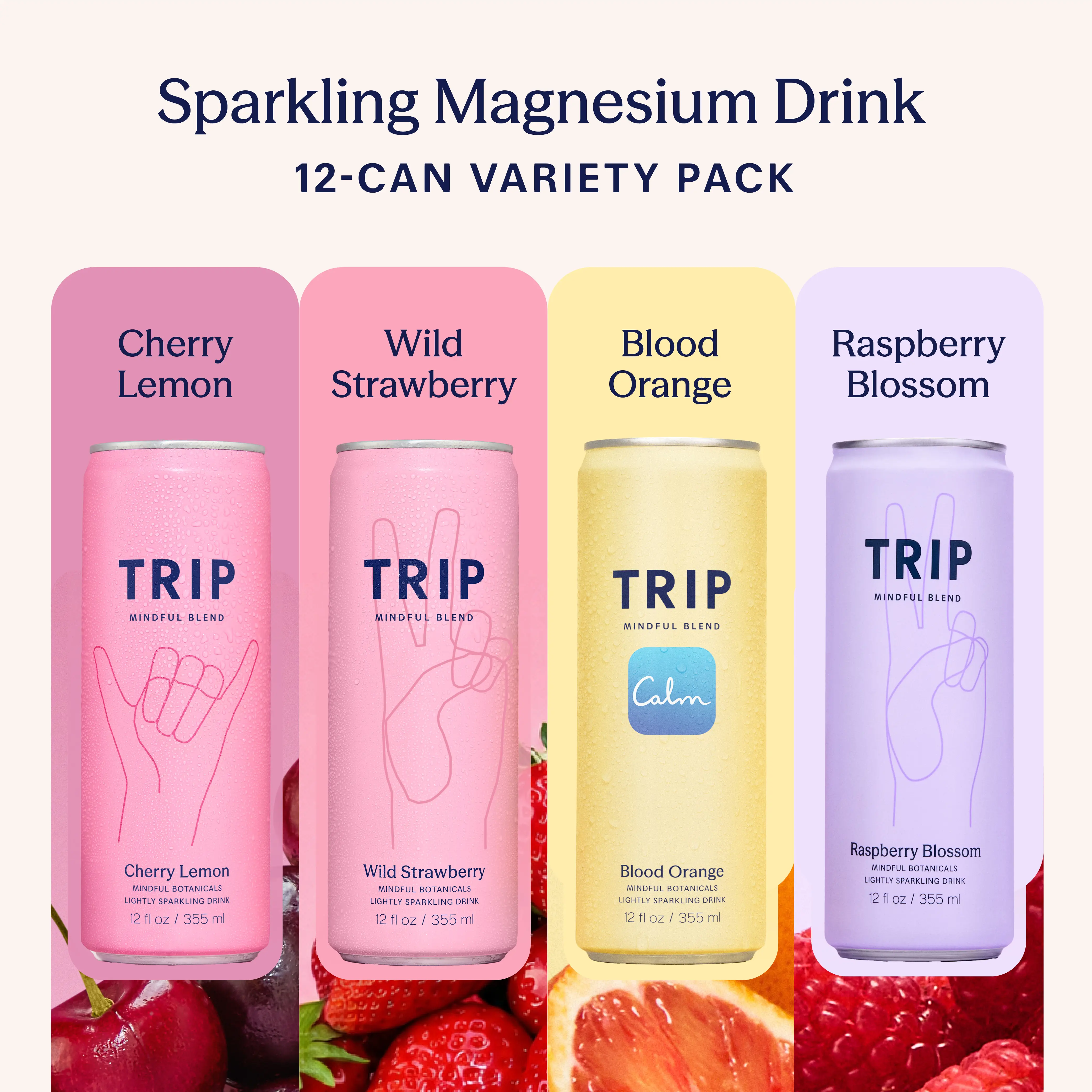 TRIP Citrus Berry Variety Pack Sparkling Magnesium Drink — 120mg Magnesium, Ashwagandha, Lion's Mane, L-Theanine, Non-Alcoholic, Low Calorie, Vegan (12-Pack, 12oz)