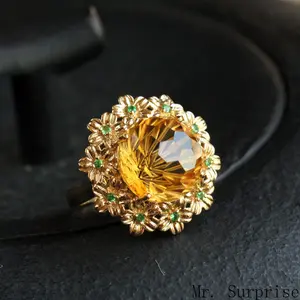 Women's Adjustable Gold Plated Ring - Firework Craft Ice-Cut Imitation Citrine, Floral Open Band, Wealth Charm Gemstone Accent Fashion Jewelry for Daily Wear & Gifting, Gold Plated Rings, Floral Accent Rings