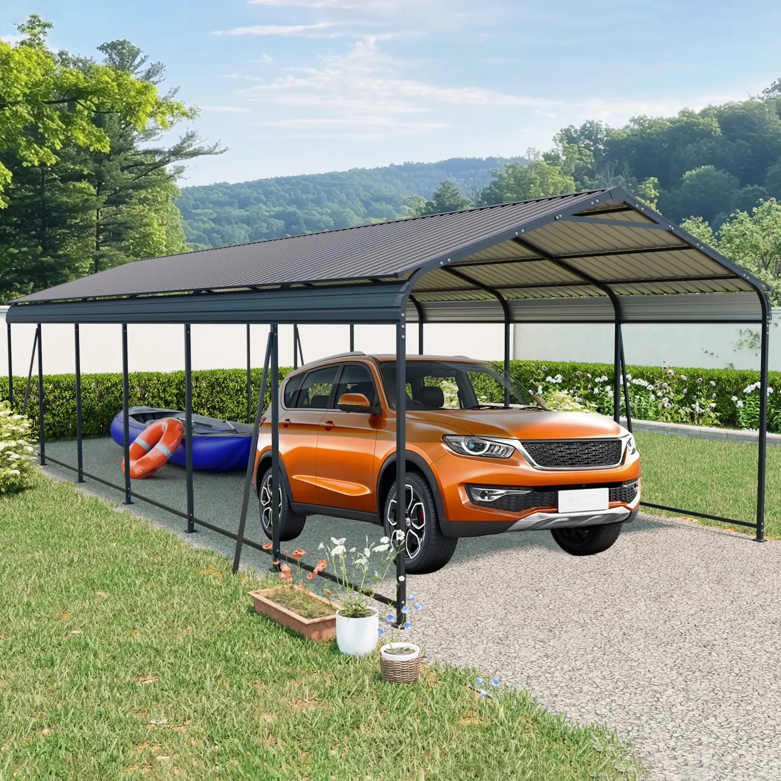 Heavy Duty Carport 12x32 FT Metal Garage with Galvanized Steel Roof and Frame, 4 Fixed Inclined Square Tube Supports for Driveway Car Truck Parking Shelter, Outdoor Vehicle Canopy Storage, Home Furniture and Household Product Search Terms