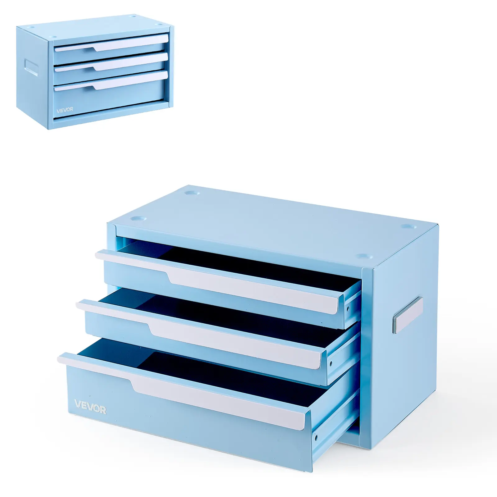 VEVOR Steel Tool Box with 3 Drawers Portable Metal Toolbox Heavy Duty Blue, for Garage Workshop Repair Shop Workbench, Magnetic Design, Tool Chest Cabinet Storage Organizer, with Protective Liners