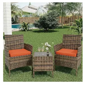 Garvee 3 Piece Outdoor Patio Bistro Set PE Rattan Wicker Armchairs with Water Resistant Cushions and Tempered Glass Coffee Table All Weather Conversation Set for Garden Backyard Porch Poolside Brown and Orange