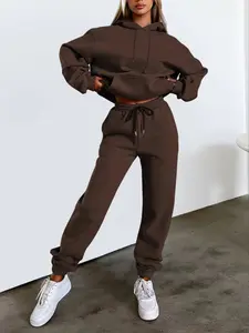 Winter New Solid Color Fleece Hoodie Kangaroo Pocket Long Sleeve Sporty Casual Loose Fit Sweatshirt + Elastic Waist Warm Pants Outfit Set, Unisex Daily Wear, Womenswear