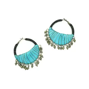 Black and Aqua Handcrafted Thread-Wrapped Hoop Earrings