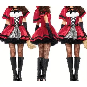 SexyAnimeQueen Red Riding Hood Costume Gothic Style Fishnet Stockings Red Hood Black Accents Witch Broom Halloween Cosplay Themed Parties