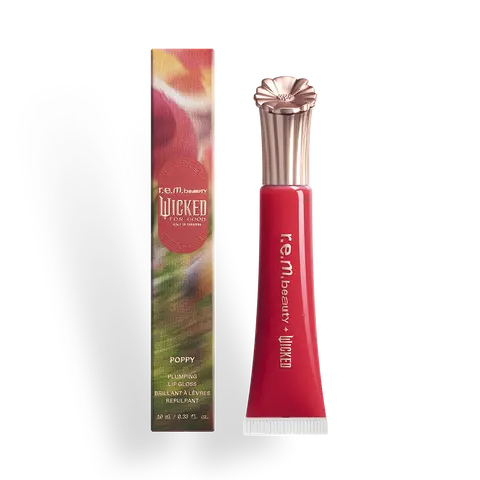 r.e.m. beauty x Wicked: For Good Poppy plumping lip gloss - high shine, plumps lips, vibrant red, rich plum, violet & gold, non-sticky, hydrating, nourishing