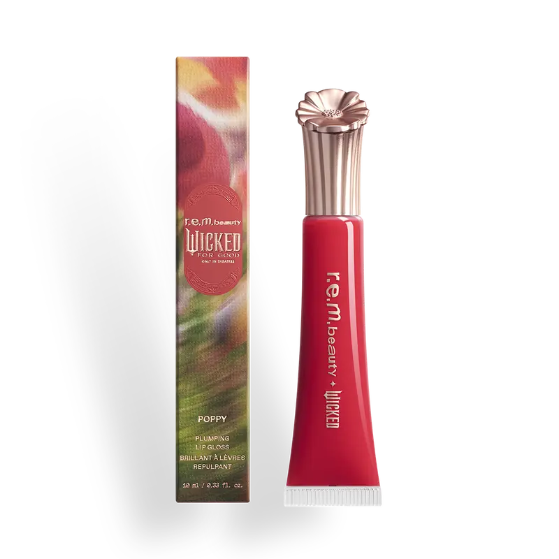 r.e.m. beauty x Wicked: For Good Poppy plumping lip gloss - high shine, plumps lips, vibrant red, rich plum, violet & gold, non-sticky, hydrating, nourishing