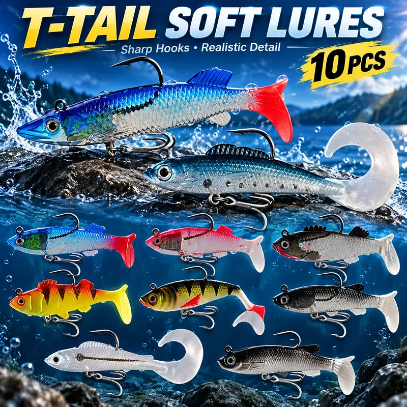 FINXTIDE Fishing Lures, 10 Pcs Soft PVC Paddle Tail Swimbaits Kit with Box, Pre-Rigged with Jig Heads & Treble Hooks, Realistic Fishing Equipment for Saltwater & Freshwater Bass Trout, Fishing Equipment Lures for Halloween Gifts