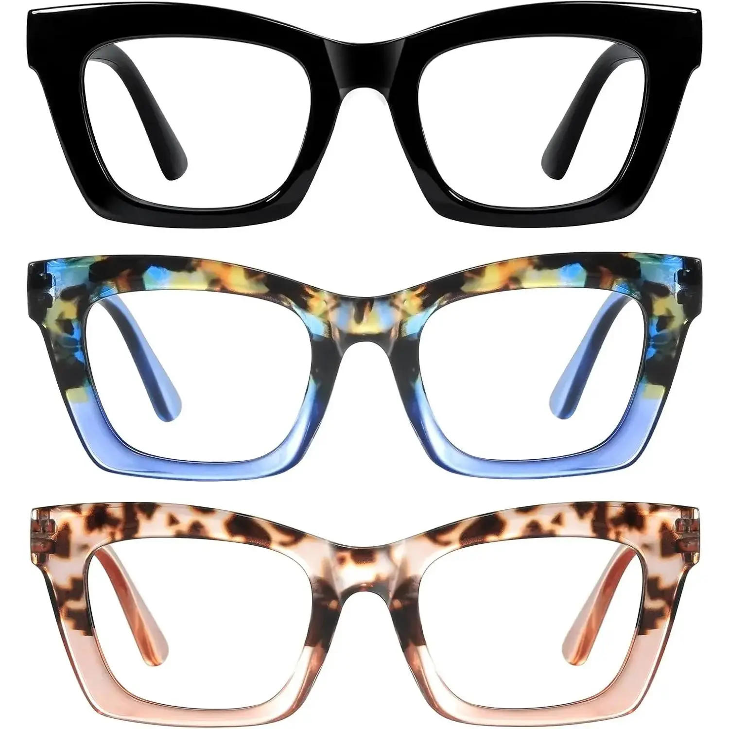 Women's Oprah Reading Eyewear - 3-Pack Square Frame Bluelight Blocking Glasses with Spring Hinge, Fashion Statement Computer Eyewear Accessories