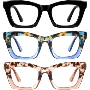 Oprah Reading Glasses for Women-3Pack Blue Light Blocking Fashion Readers with Spring Hinge Computer Square Eyeglasses