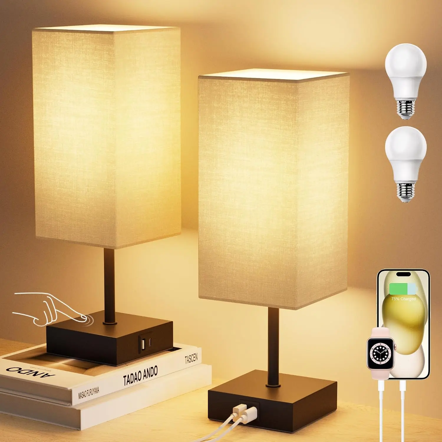 14" Beige Adjustable Bedside Table Lamps Set of 2 - Indoor Decoration Home Decoration Lamps with USB A+C Charging Ports, 3-Way Dimmable LED Bulb Included, Fabric Shade Metal Base, Eye Friendly Dimmable Night Lights for Bedroom, Living Room, Indoor Decorat