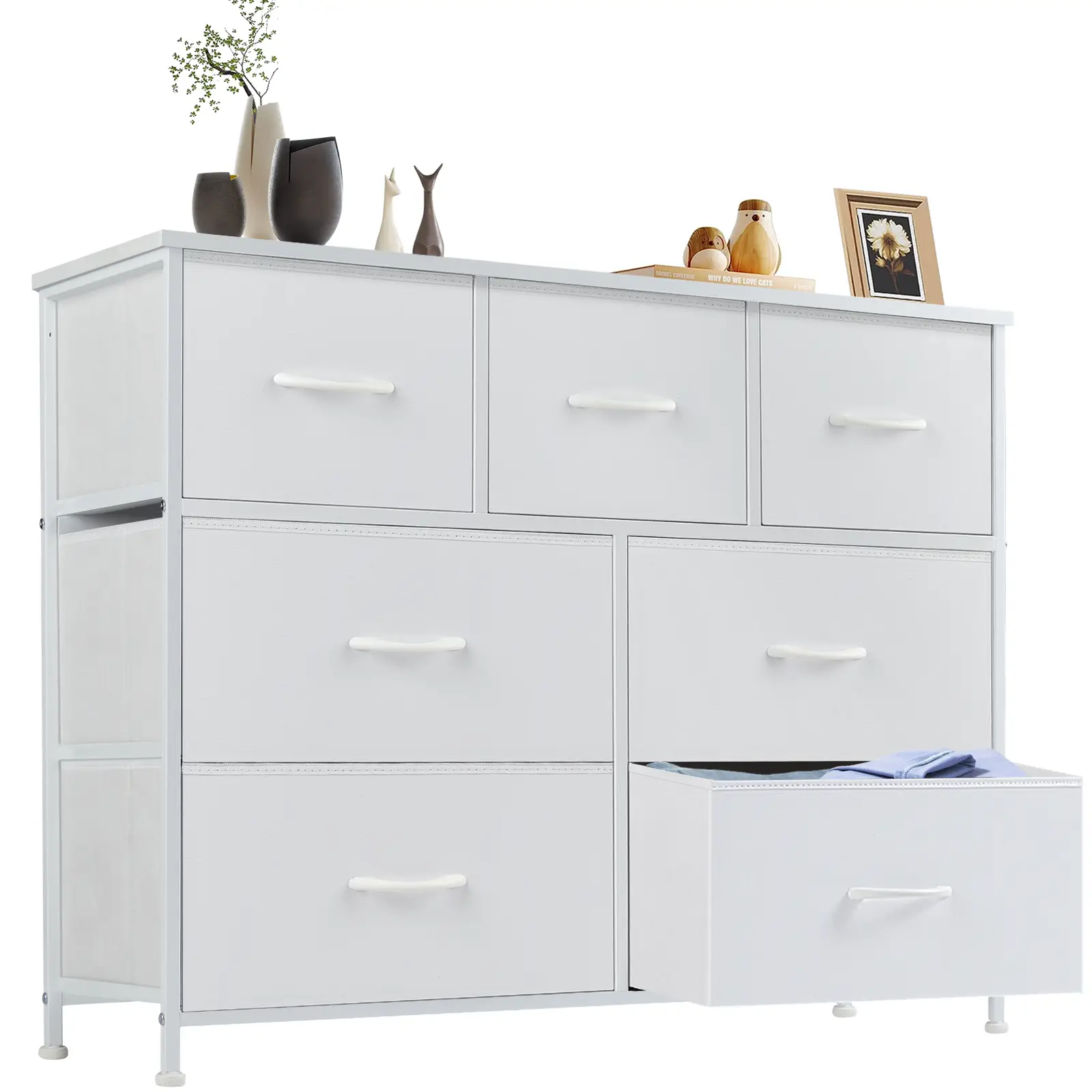 PINGO 7 Fabric Bins Dresser Storage Tower with Durable Material and Wooden Top, Fabric Bins Drawers, Easy to Assemble, for Nursery, Kid Room, Entryway