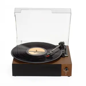 Wireless Bluetooth Turntable, 3-Speed Vinyl Record Player with Built-In Speakers, Wood Finish & Clear Dust Cover Audio Compact