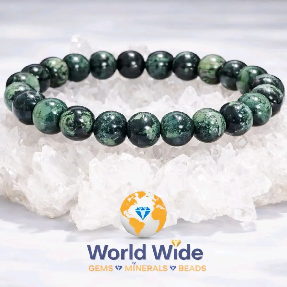 8mm Natural Kambaba Jasper Bracelet | Green Fossil Jasper Gemstone Stretch Bracelet AA Quality