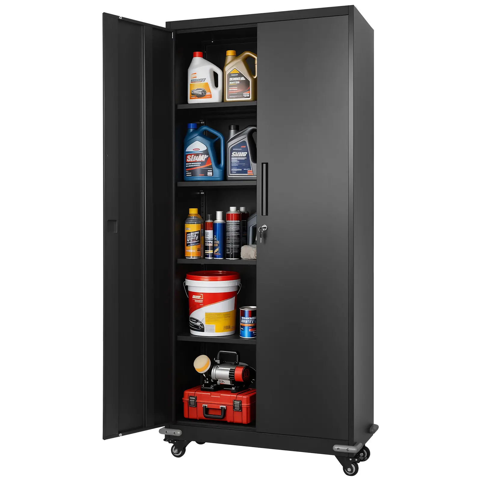 【summerfinds】VEVOR Metal Storage Cabinet, 72.6 in Rolling Steel Garage Cabinet with 4 Adjustable Shelves, 2 Magnetic Doors & 2 Keys, 5 Tiers Lockable Tool Storage for Pantry, Warehouse, Basement, Office, Black, 5-Shelf Cabinets, Adjustable Shelves Cabi
