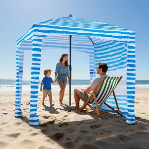 6x6 Ft Beach Cabana Canopy With Side Walls, UPF 50+ Sun Protection, Easy Setup Pop Up Cabana Tent With Sand Pockets, Portable Shade Shelter For Family And Friends, Blue Stripes Outdoor Beach Tent