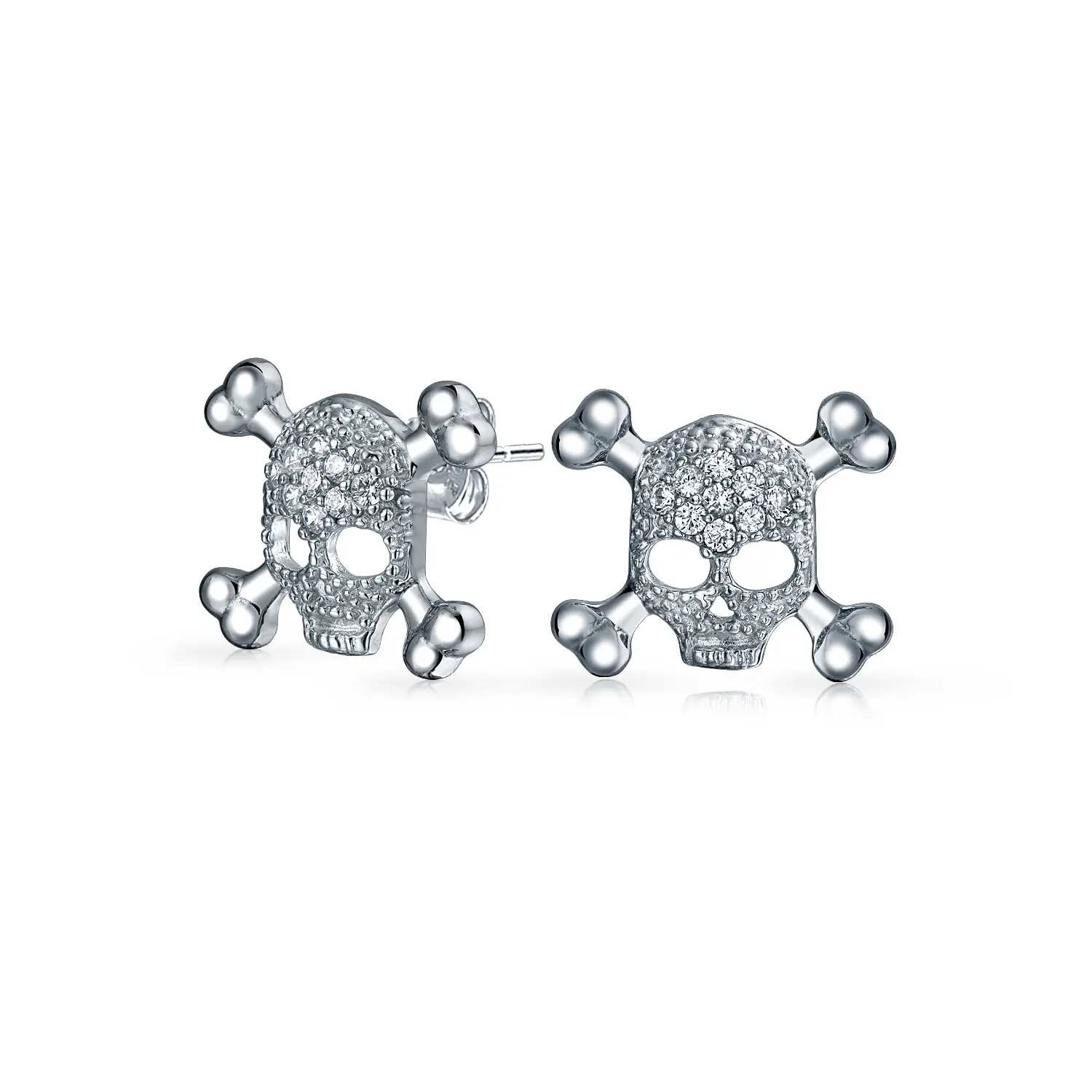 .925 Sterling Silver Unisex Dia De Los Muertos CZ Caribbean Pirate Crossbones Skull Stud Earrings