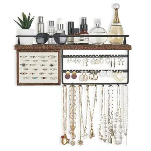 Hanging Jewelry Organizer Wall Mounted with Rustic Wooden Shelf, Ring Display Box, Earring Holder, and Bracelet Organizer
