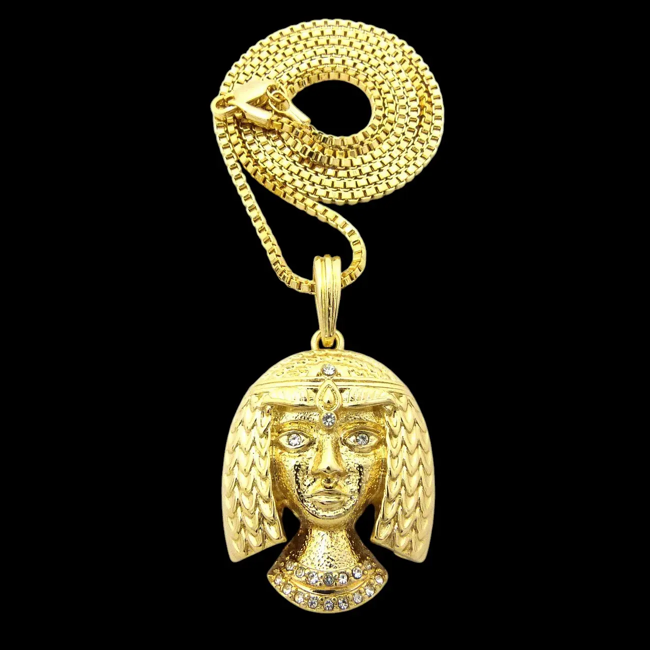 MaxBling81 Egyptian Queen Cleopatra Gold-Plated Alloy Pendant Chain Link Necklace, Unisex Hip Hop Costume Jewelry with 2mm 18-24" Polished Brass Box Chain (Multi-Size), Chain Link Necklaces