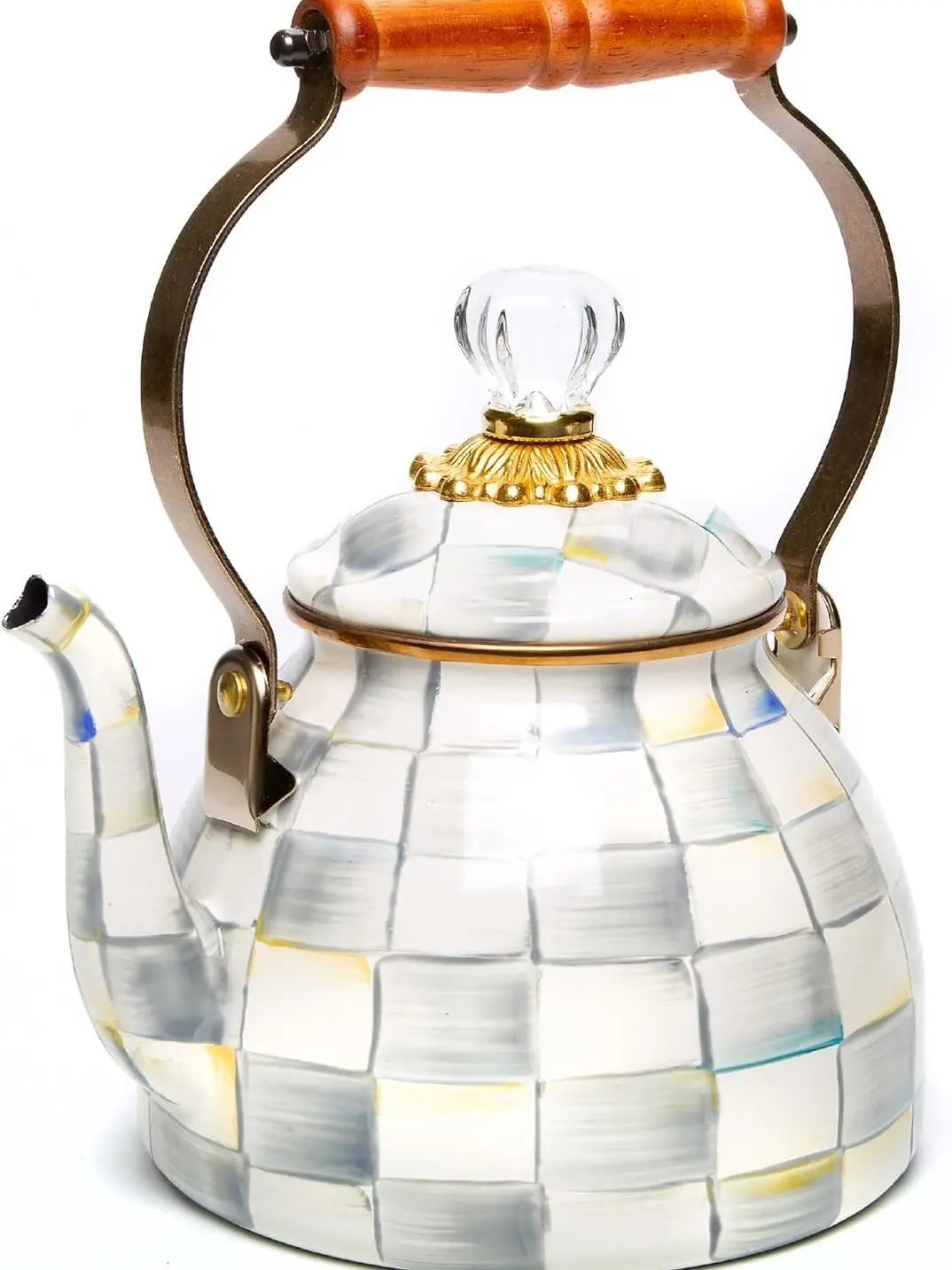 Enamel Tea Kettle - 2-qt Stovetop Kitchen Drinkware with Grey-and-White Sterling Check, Wood Grip Handle, Glass Lid