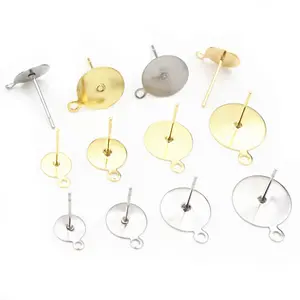 No Fade 50-100pcs/lot Stainless Steel Gold Color Blank Earring Stud Fit 4 5 6 8 10 12mm Cabochon Cameo Settings Accessories DIY