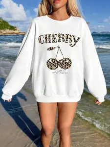 Women's Leopard Cherry & Letter Print Drop Shoulder Sweatshirt, Casual Long Sleeve Round Neck Pullover for Fall & Winter, Ladies Clothes for Daily Wear