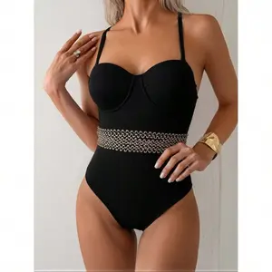 Black One Piece Swimsuit Women - Textured Solid Swimwear; Adjustable Strap Bathing Suit; Casual & Beach Swimsuit; Comfortable & Stylish