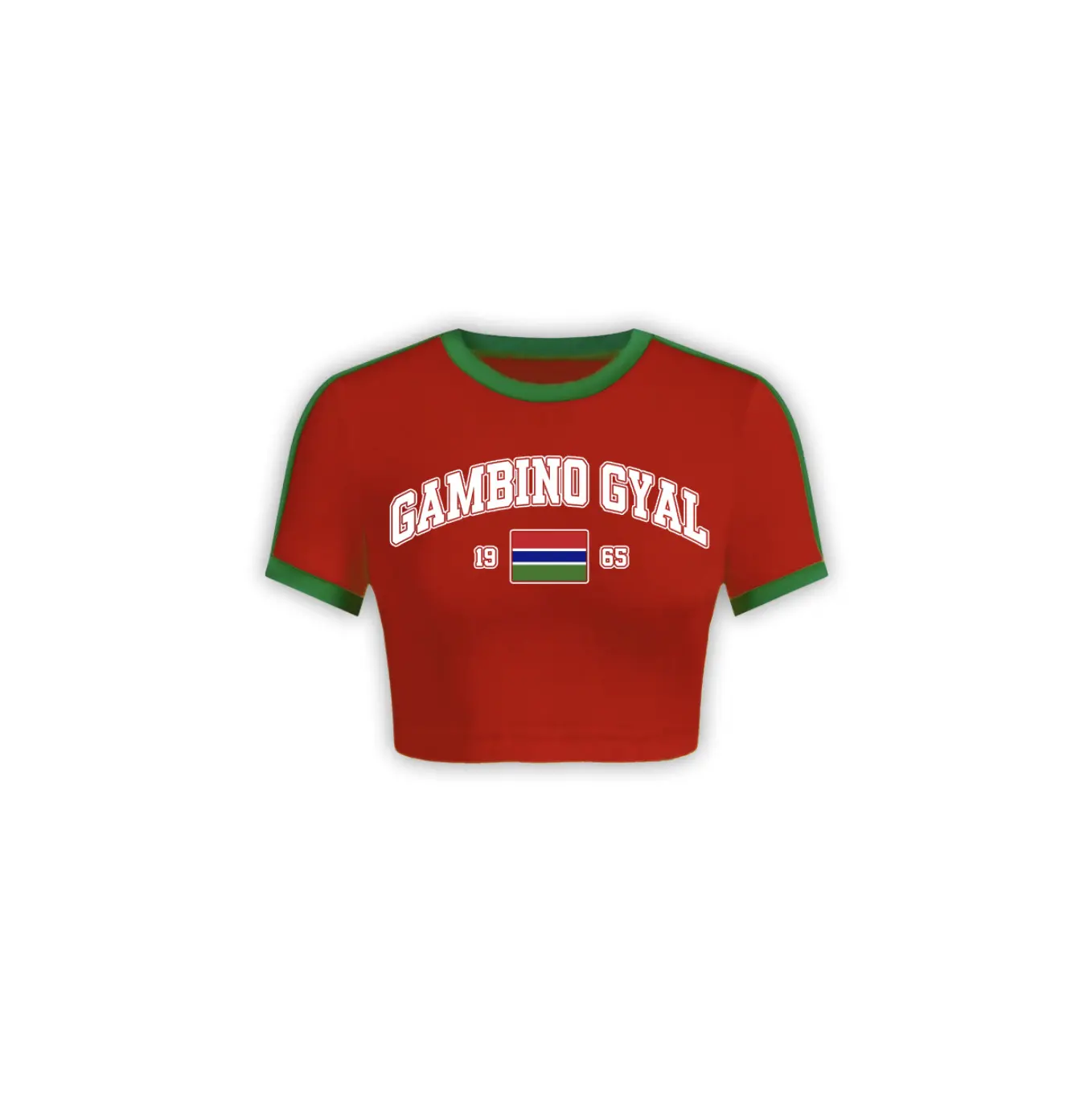 MGE Gambino Gyal Baby Tank Top - Red Cotton Crop Top with Contrast Collar & Rib, Screen Printed Logo, Cultural Gambian Flag Design