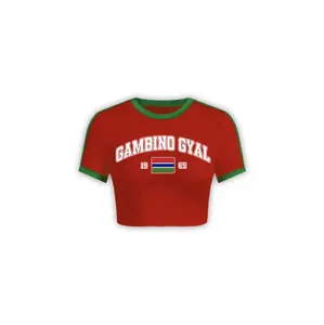 MGE Gambino Gyal Baby Tank Top - Red Cotton Crop Top with Contrast Collar & Rib, Screen Printed Logo, Cultural Gambian Flag Design