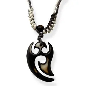 Maori Inspired Tribal Hook Necklace • Resin Pendant • Adjustable Surfer Cord