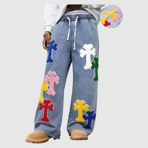Men's Cotton Y2K Multicolor Cross Patch Denim Pants, Light Blue Washed Baggy Jeans with Elastic Drawstring Waist & Chenille Patches, 90s Hip Hop Streetwear Trousers for Men