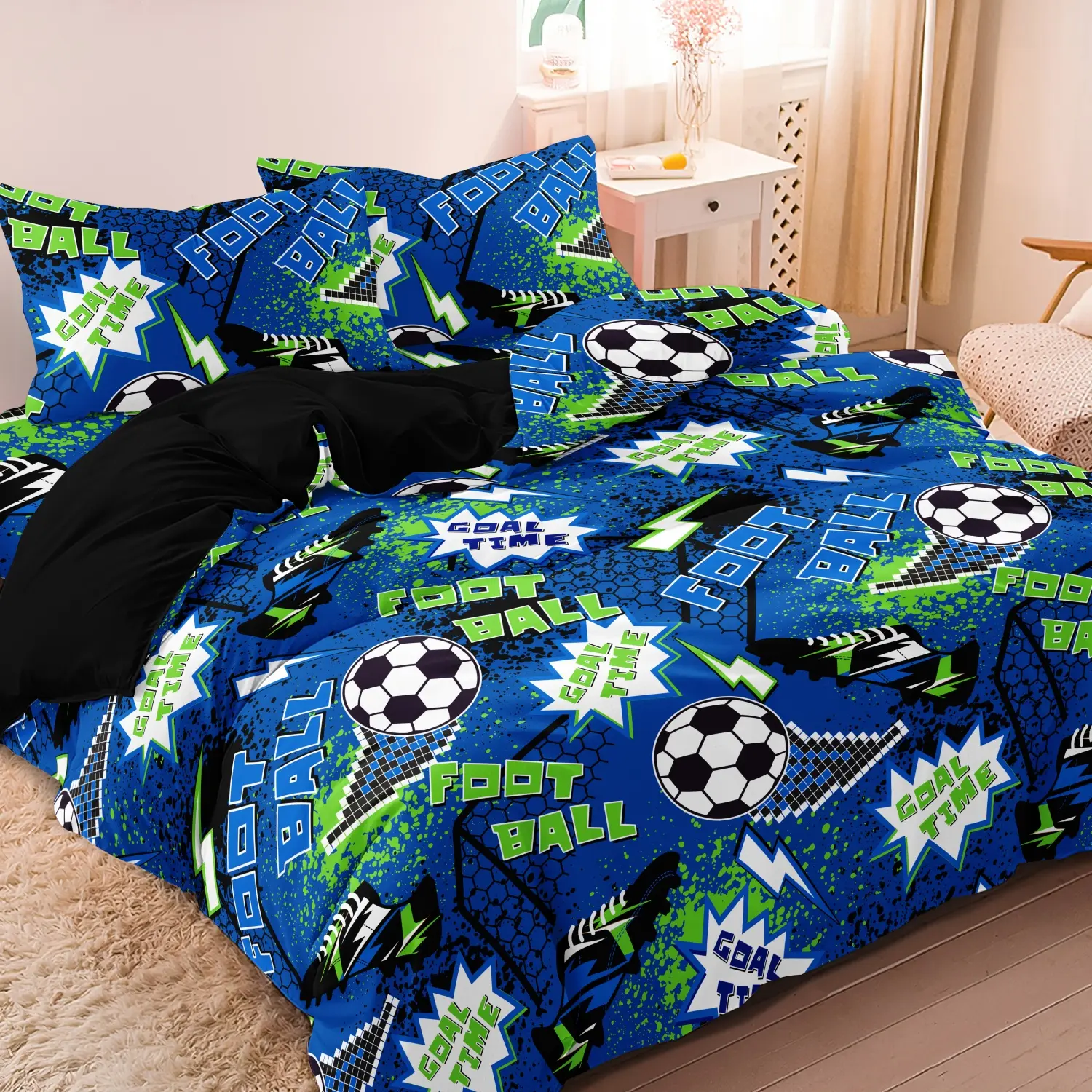 3pcs Bedroom Bedding Set Featuring A Lightning Football Slogan Printed Duvet Cover (Includes 1 Duvet Cover And 2 Pillowcases, Excluding The Core), Designed With A Cartoon Theme For A Soft And Comfortable Feel