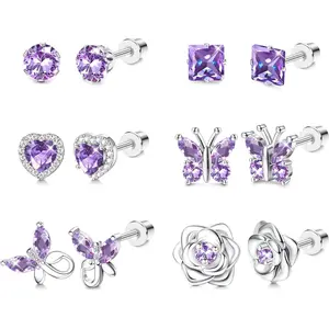 FINREZIO 6 Pairs Purple Blue Shining Butterfly Flower Ear Studs for Women Men Hypoallergenic Screw Back Earrings Surgical Stainless Steel Stud Earrings for Sensitive Ears Jewelry Set Valentines Day Gifts