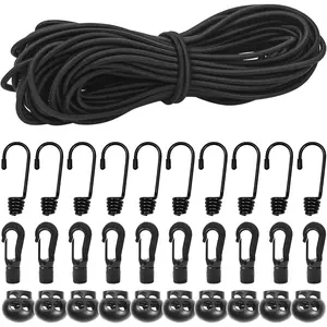 65ft Elastic Nylon Bungee Shock Cords with Hooks Stretch Rope for Kayak Bikes Boating Camping Fitness Outdoor Activities Black