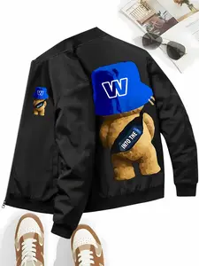Spring and autumn men's coat new style sports casual jacket outdoor running wear fashionable personality zipper cardigan retro European and American trendy street style cute bear print men's clothing