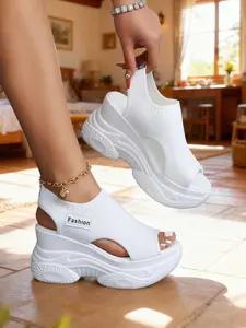 Women's 2026 New Knit Open-Toe Thick Sole Sandals, Hollow Out Back Strap, Platform Heel, Breathable Mesh, Trendy Footwear, Breathable Summer Sandals