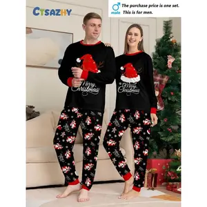 Couple Christmas long-sleeved trousers loungewear pajamas set, Christmas hat Santa Claus and Christmas elk combination print elements, Christmas set, crew neck design, men's or women's, single set