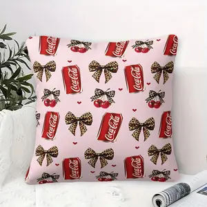 Vintage Pink Soda Can & Leopard Bow Cherry Print Throw Pillow, Soft Plush Decorative Cushion, Aesthetic Ins-Style Bedroom & Sofa Accent
