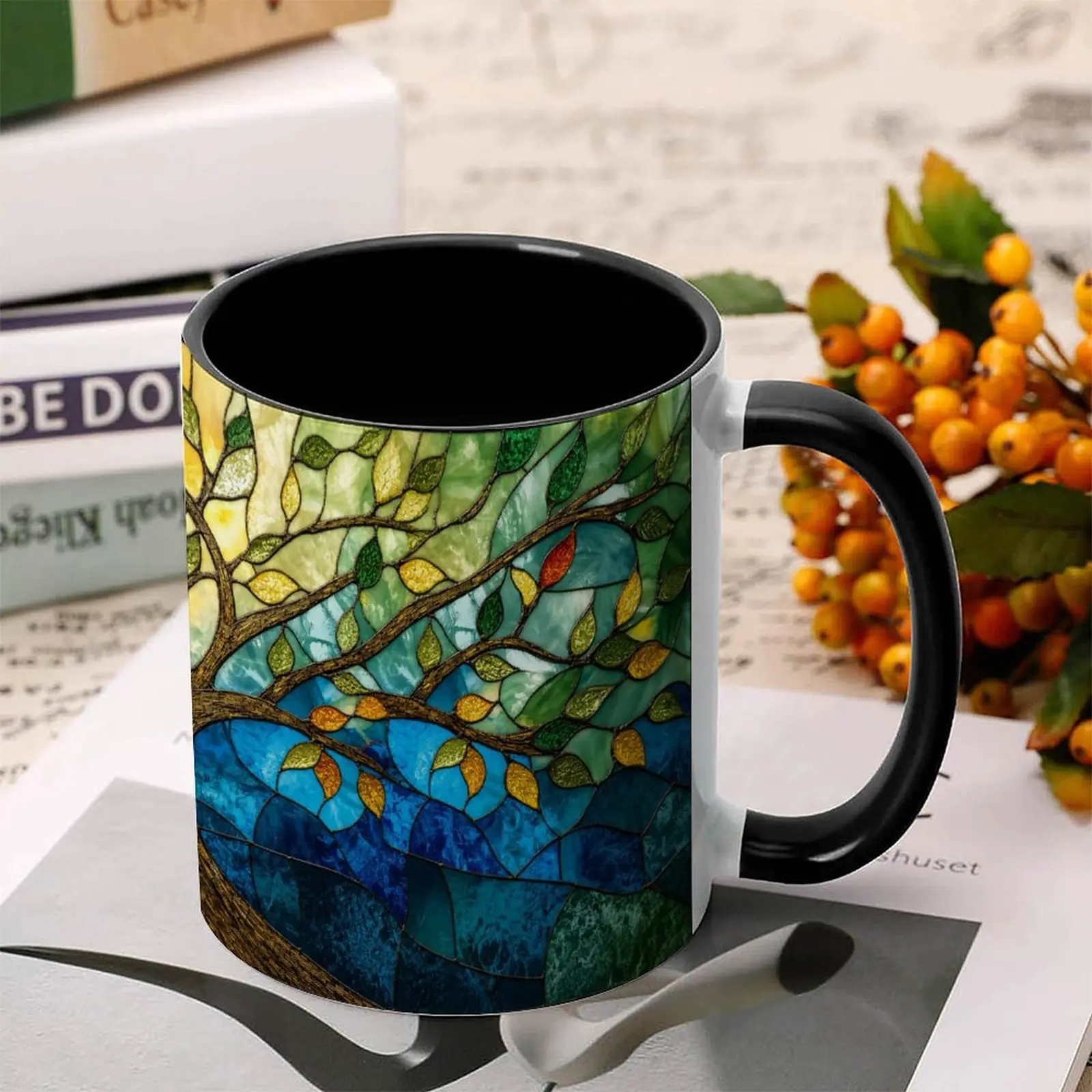 Tree of Life Art Mug, Stained Glass Style Large Ceramic Four Seasons Artistic Tree Coffee Mug 15oz 11oz, Unique Spiritual Nature Lover Gift