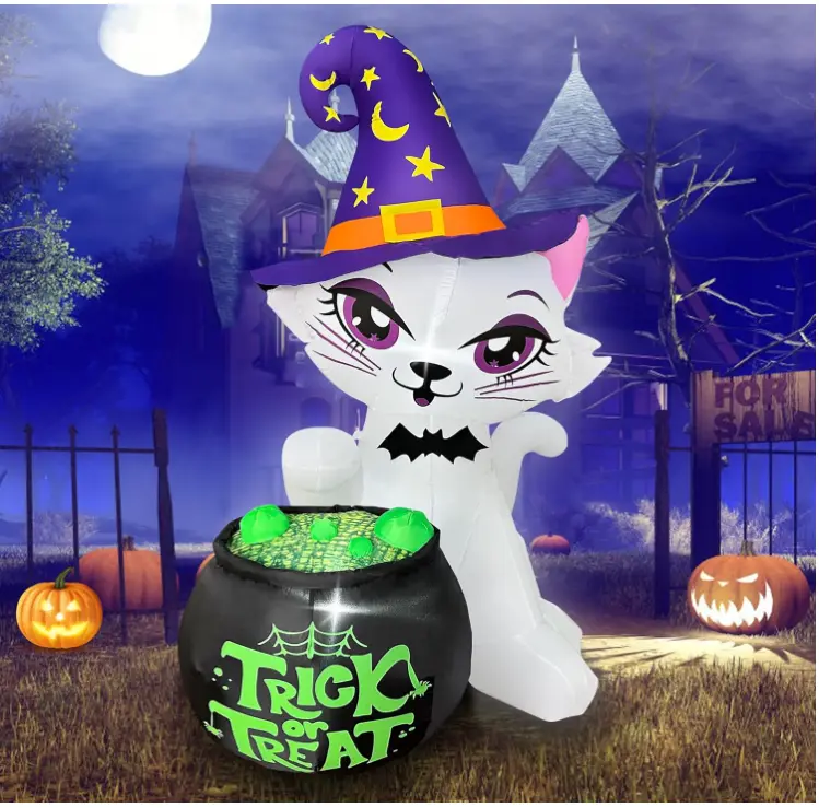 5Ft Halloween Inflatables Cat with Witch Cauldron Decoration, Blow Up Yard Decor Halloween Yard Inflatables Build-in LED Lights fo Lawn Party Garden Outdoor